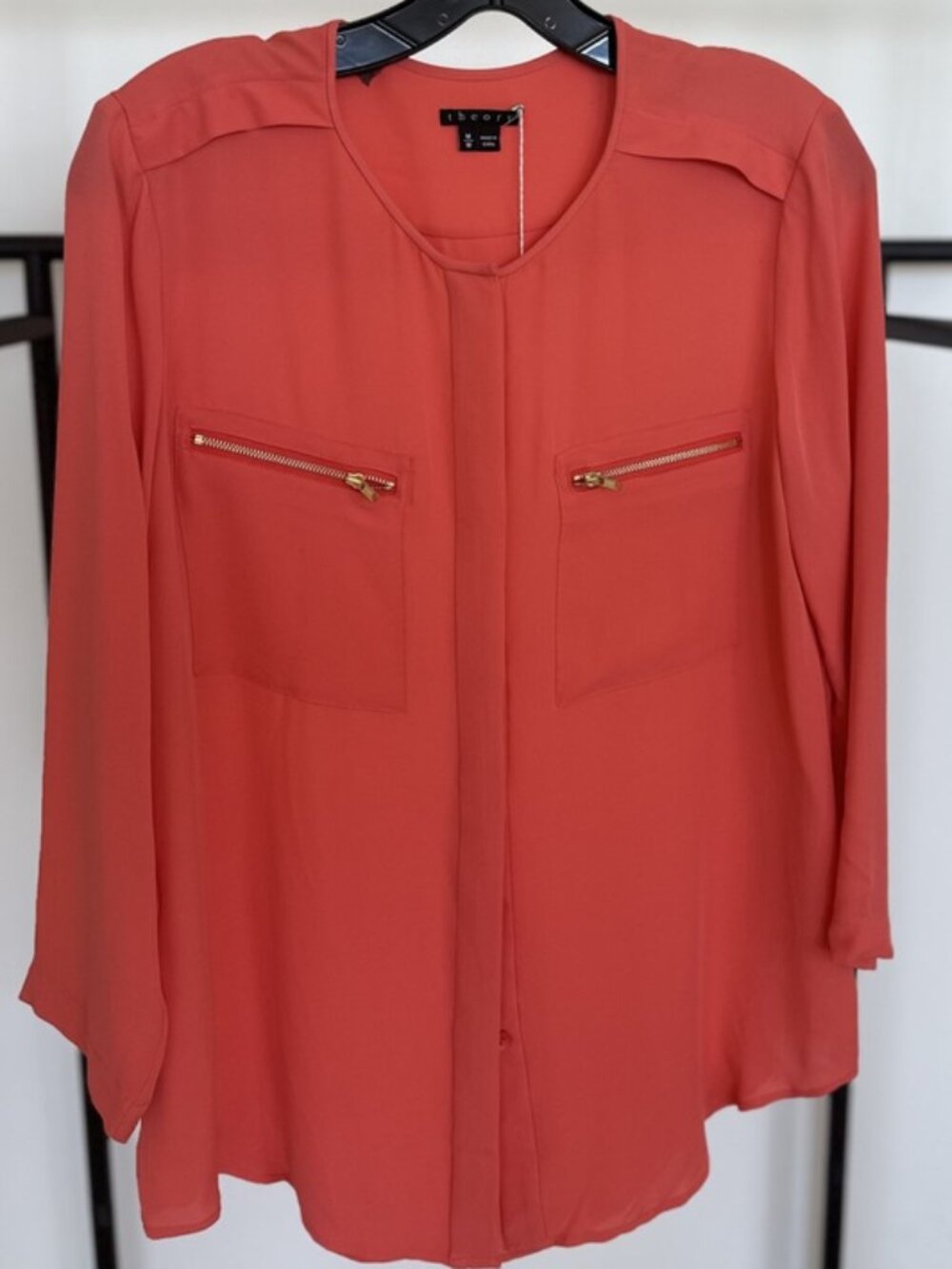 Theory Coral Silk Blouse Gold Zip Pocket Detail 3/4 Sleeve Size M - Picture 1 of 5